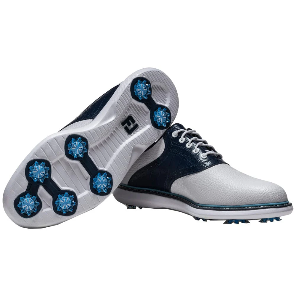 FootJoy Traditions Spiked Waterproof Shoes - White/Navy/Blue - Image 6